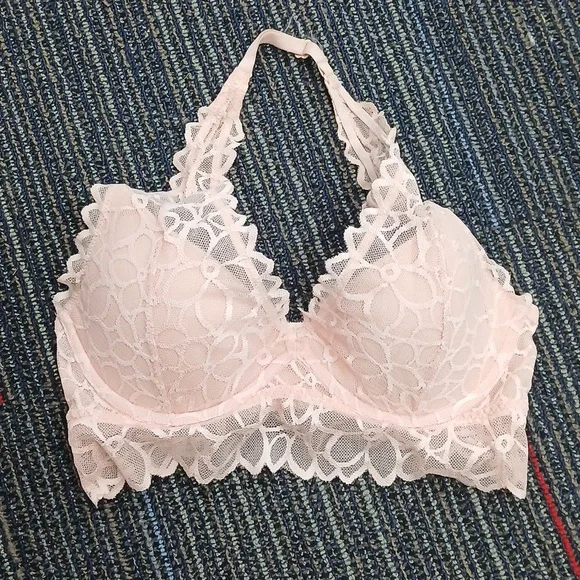 Pink Victoria’s Secret White Lace Halter Top Bra Bralette Small AA-C - Picture 2 of 7